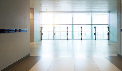 Office building corridor with glass railing