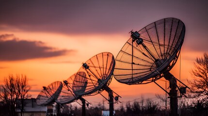 Multiple large parabolic antennas stand silhouetted against a vivid sunset sky