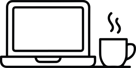 Laptop and coffee cup icon, simple outline vector illustration line art