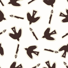 Christian holy dove hand drawn seamless vector pattern. Religious home decor background for sunday school bible study motif. Reflection candle symbol all over print. 