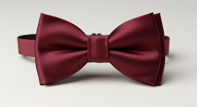 A close-up shot of a single satin maroon bow tie on a plain white background