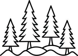 Fototapeta premium Minimalist black line art of a winter forest scene with four evergreen trees on rolling hills