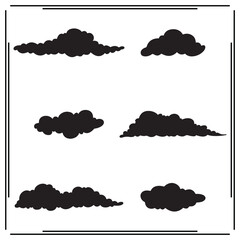Set of Six Cloud Silhouettes - Fluffy and Soft Black Clouds - Nature Icons on White Background