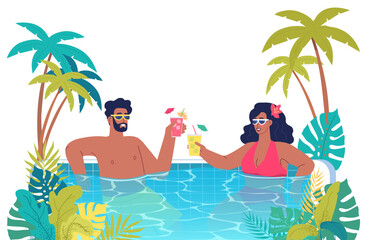 Happy couple man and woman relax in tropical pool. Cartoon summer vacation romantic illustration