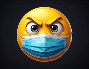 A cartoonish yellow face with angry eyes and a blue medical mask against a dark backdrop