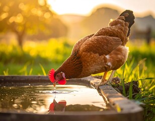 A brown hen drinks from a water trough, back-lit by the setting sun, in a grassy field