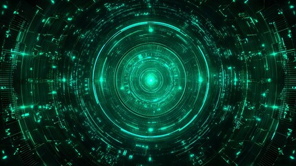 Glowing cyan digital tunnel structure creates an abstract technological vortex illusion