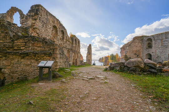 koknese medieval castle ruins in autumn with blue sky