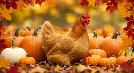 A brown hen stands amid pumpkins & autumn leaves. A festive fall scene