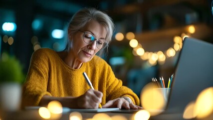 Smiling senior woman in eyeglasses attending online therapy session over laptop and taking notes in notepad at home, under gentle ambient light, showcasing focused expression and m