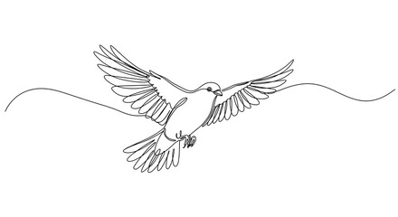 A continuous line art representation of a dove in flight, wings spread wide, on a white backdrop