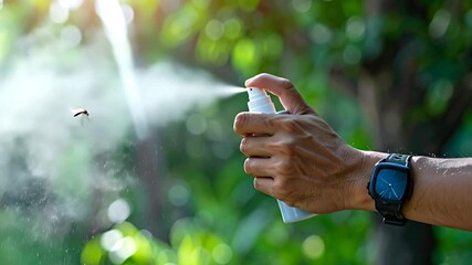 Person spraying insect repellent to protect against a mosquito flying near a lush green garden