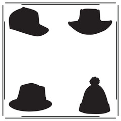 Set of Four Black Hat Silhouettes - Wide Brim, Sun Hat, Fedora, and Cowboy Hat - Fashion Accessories on White Background