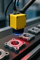 Fototapeta premium operation occupation mechanized concept. Industrial camera inspecting mechanical components on a production line.