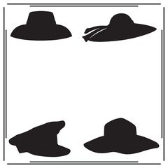 Set of Four Black Hat Silhouettes - Wide Brim, Sun Hat, Fedora, and Cowboy Hat - Fashion Accessories on White Background