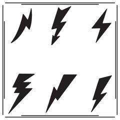 Set of Four Black Lightning Bolt Icons - Electric Flash, Power Symbol, Thunderbolt Silhouettes on White Background