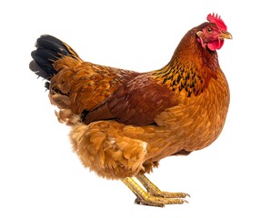 A brown hen stands isolated against a white background, showcasing its detailed plumage and features