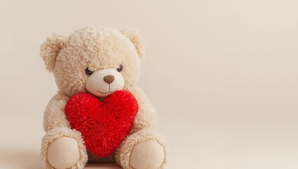 Obraz premium Cream Teddy Bear with Textured Red Heart. A Gentle Embrace of Plush Serenity.