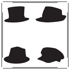 Set of Four Classic Hat Silhouettes - Fedora, Top Hat, Trilby, Newsboy Cap - Vintage Headwear Icons on White Background