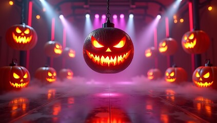 Spooky Halloween festival with glowing jack-o'-lanterns illuminating a smoky, dark venue under vibrant purple spotlights