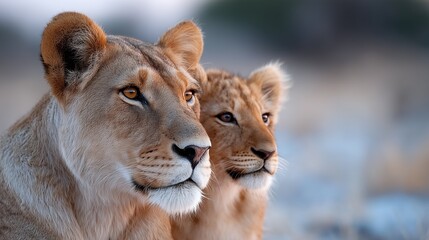 A couple of lions standing next to each other in the snow
