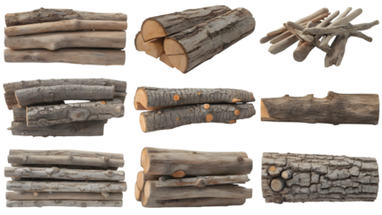 assorted collection of tree log ready for fire . Isolated on transparent background, png