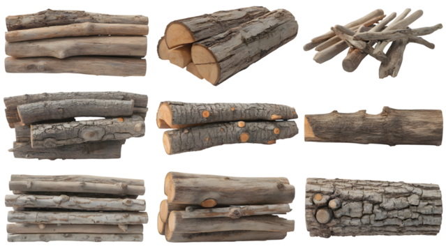 assorted collection of tree log ready for fire . Isolated on transparent background, png