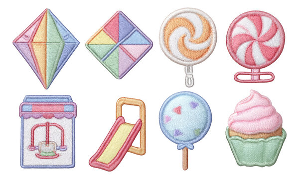 Colorful Sweet Treats and Playful Shapes in Embroidered Style Design