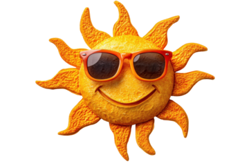 Bright sun wearing sunglasses with a cheerful smile, perfect for summer-themed designs and decorations on transparent background