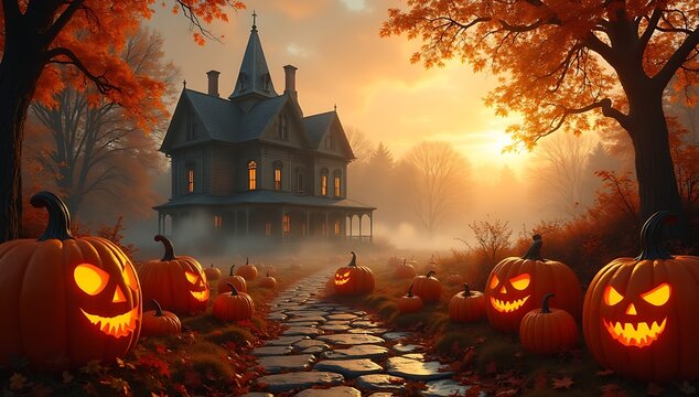 Halloween Spectacle Pumpkin Path to a Haunted House at Sunset