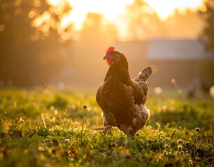 A brown hen stands in grassy field, bathed in warm sunlight during the golden hour