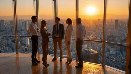 Skyscraper Silhouette: A group of business professionals admire the breathtaking cityscape during sunset, creating a sense of ambition, focus, and collaboration. - Powered by Adobe