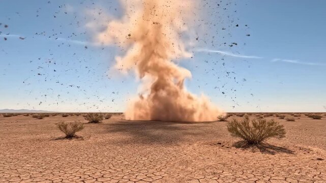 A lone dust devil spins rapidly across a barren, arid landscape under an expansive sky abstract, desert, tracking shot