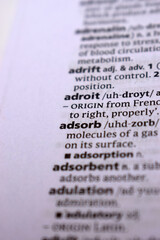 English Dictionary Page Close Up With the Word Of -Adsorb