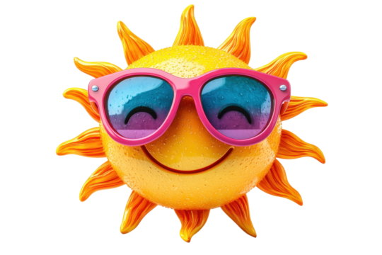 Bright sun wearing sunglasses with a cheerful smile, perfect for summer-themed designs and decorations on transparent background