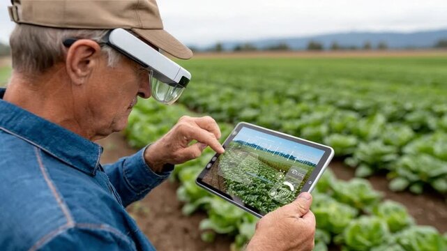 Smart Farming with Futuristic Tech: An experienced farmer utilizes innovative augmented reality smart glasses and a tablet to analyze and enhance his crop fields.