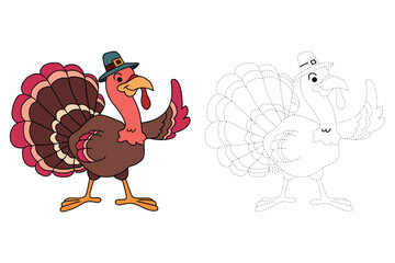 Trace and Color Turkey Thanksgiving Animal for Kids Printable Vector