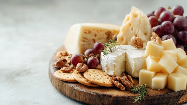A beautifully arranged cheese platter featuring various cheeses, grapes, nuts, and crackers
