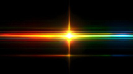 Bright central starburst lens flare radiates intense multicolored horizontal light streaks against deep black
