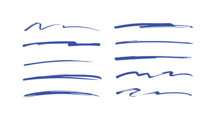 Collection of blue brush stroke underlines and accents on white background