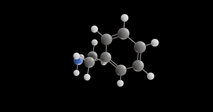 Phenethylamine molecule, rotating 3D model of natural monoamine alkaloid, looped video on a black background
