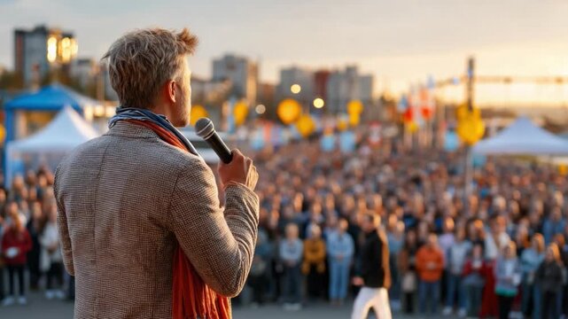 A Public Address: Capturing a speaker engrossed in their address. The scene showcases an open-air event with an attentive gathering and a dynamic backdrop.