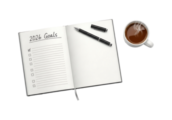 Open notebook planner displays 2026 Goals next to a pen and steaming coffee cup. transparant background