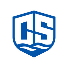 Shield monogram CS with wave line in blue