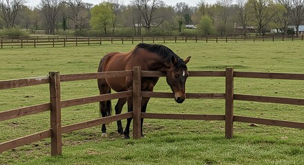 A brown horse peers over a wooden fence in a grassy field on a cloudy day
