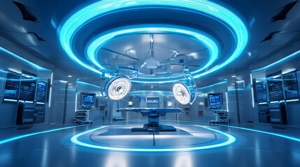 Advanced operating theater illuminated with vibrant neon blue light accents for medical procedures