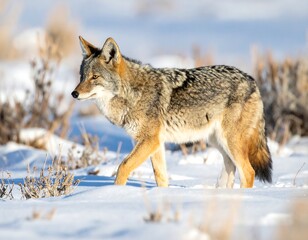 Naklejka premium A coyote walks gracefully through a snowy field under sunlight, gazing to the left