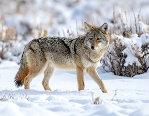 A coyote walks confidently through a snowy landscape, its gaze direct