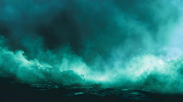 Turbulent ocean waves surge under a heavily clouded, dark atmospheric sky.