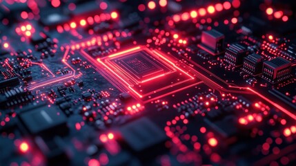 Obraz premium Close-up circuit board, glowing red